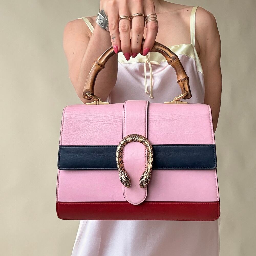 Gucci Dionysus Bamboo Medium Top Handle Bag Pink Leather Sylvie Web Strap